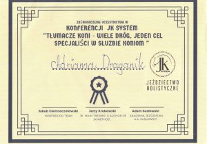 Certyfikat udziału w konferencji: "Tłumacze koni - wiele dróg jeden cel"
