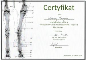 Certyfikat udziału w praktycznych warsztatach kopytowych stopień pierwszy