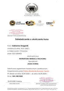 Zaświadczenie o ukończeniu kursu instruktora jazdy konnej