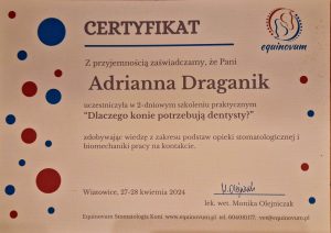 Certyfikat udziału w szkoleniu: "Dlaczego konie potrzebują dentysty?"