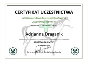 Certyfikat uczestnictwa w Międzynarodowej Konferencji Hipiatrycznej: "Wyzwania geriatrii koni"