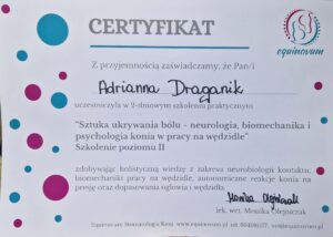 Certyfikat udziału w szkoleniu: "Sztuka ukrywania bólu - neurologia biomechanika i psychologia koni w pracy na wędzidle", poziom II