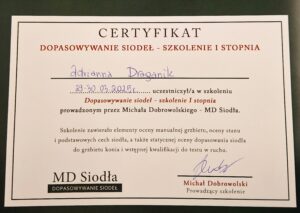 Certyfikat udziału w szkoleniu: "Dopasowanie siodeł", poziom I